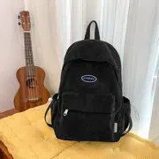Drawstring Corduroy Backpack With Charm - Black - One Size
