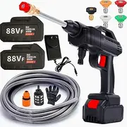 2000W Electric Car Pressure Washer Cordless Spray Gun Water Cleaner with 2 Battery 1 Charger 1 Inlet Hose Extension Rod 0°/40°Outlet Nozzle Inlet Filter 200ml Foam Kettle