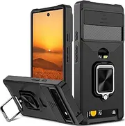 [rojarou] for Google Pixel 6a Case with [Card Holder[ and [Slide Camera Cover] and [360° Rotate Ring Kickstand] Heavy Duty Protective Phone Cover Case for Pixel 6a 5G 6.1"-Black