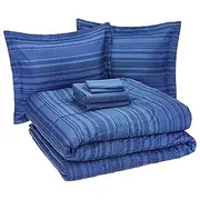 Amazon Basics Lightweight Microfiber Bed-in-a-Bag Comforter 7 Piece Bedding Set, King, Blue Calvin Striped