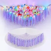 Stuffed Animals Toy Hammock Net, Kids Toy Storage with LED Light Hooks, Stuffed Animals Holder for Soft Bears Toys, Corner Hanging Toy Organizer Storage for Nursery Kids Bedroom Decor(Purple)