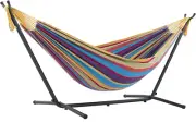 Vivere Double Cotton Hammock with Space Saving Steel Stand, Tropical (450 Lb Cap