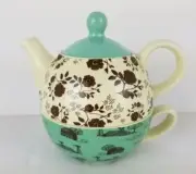 Stacked Teapot Cup Teal Cream Floral Farm Scene Gift