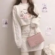Rabbit Embroidered Cable Knit Sweater / Mini Pencil Skirt Skirt - Off-White - One Size