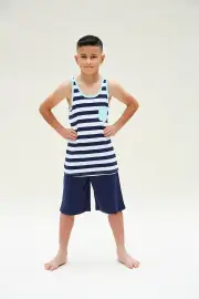 Boys Sizes 9-16 Navy Blue Stripe Cotton Singlet PJS Pyjamas HL