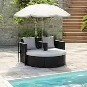 Garden Bed with Parasol Black Poly Rattan Garden Beds