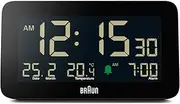 Braun Digital Alarm Clock with Date, Month and Temperature Displayed, Negative LCD Display, Quick Set, Crescendo Beep Alarm in Black, Model BC10B (1-Pack)