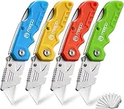 Geaber Box Cutter, 4-Pack Tough Folding Box Cutter for Heavy Duty Purpose, Razor Sharp Blade, Comfortable Handle, with Extra 10-Piece Blades, Can cut Drywall, Sheet Plastic, Linoleum, Boxes, Rope