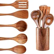 6 Piece Natural Acacia Wooden Kitchen Utensil Set, Comfortable Grip Cooking Spoons & Tools Includes Wooden Spatula Spoon and Utensils Holder