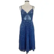 Aidan Mattox Women's Cocktail Dress Size 4 Blue Sequined Sleeveless A-Line Midi