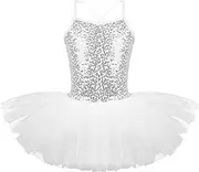 [Yhong] Kids Girls Sparkly Sequins Mesh Ice Skating Ballet Dance Dress Tutu Skirted Shiny Ballroom Dancewear