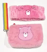 Care Bears Pink Fluffy Makeup Beauty Storage Bag Case + Cosmetics Headband Set