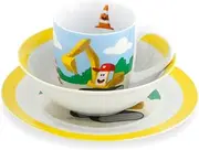 GREENBOX Porcelain Children's Crockery Set I Breakfast Set 3 Pieces Dishwasher Safe I Cup Plate Bowl Set with Motif I Gift Ideas for Children I Funny Children's Crockery with Digger Picture
