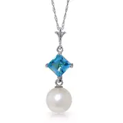 14K. GOLD NECKLACE WITH NATURAL BLUE TOPAZ & PEARL (White Gold)