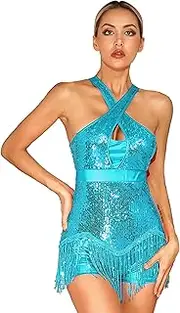 [Riismen] Women's Shiny Sequins Latin Dance Leotard Tassels Fringe Jazz Bodysuit Ballroom Dancing Costume