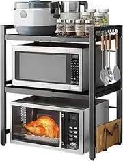 devesanter Expandable Microwave Oven Rack 3 Tier microwave shelf, with 6 hooks Adjustable Width & Height Kitchen Counter Organizer Shelf Stand, Pot Pan Grill Storage Racks, Width 40-64cm Black