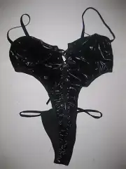 Romwe lace up front open sides faux leather bodysuit/teddy S black nwt cyberpunk