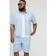 Mens Light Blue Plus Oversized Boxy Micro Check Shirt & Short Set