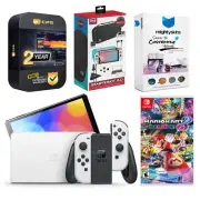 Nintendo Switch White OLED + Mario Kart 8 Deluxe + Surge Accessory Gaming Kit