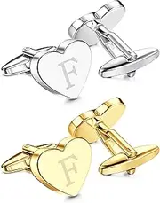 [Kakonia] 2 Pairs Initial Cufflinks Set For Men Personalized Unique Heart Alphabet Letter Gold Silver Tuxedo Shirt Mens Cuff links Business Wedding Gift