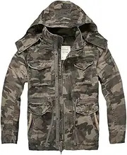 [JINFUHAO] Men Camo1 Tactical Jackets Cotton Multi-Pockets Hooded Long Military Combat Jacket Loose Coats, Khaki Camou, Medium