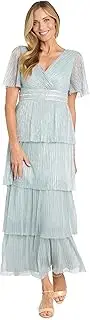 [R&M Richards] Long Tiered Crinkle Pleated Dress W/Rhinestone Trim & Flutter Sleeve