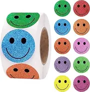 Smiley Face Stickers,Happy Face Stickers,500Pcs 1Inch Shiny Glitter Smiley Stickers Roll,Reward Stickers,Fun Emoji Stickers for Kids Teachers Classroom Behavior Charts Calendar Gift Wrapping