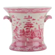 Pink & White Chinoiserie Pagoda Cachepot Planter Pink Shell Handles 7.5 x 8.5