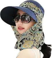 [Generic] Convertible Sun Hat with Neck Protector Scarf Removable Top Wide Brim Sun Visor Sun Shade Hats for Women UPF50+ UV Protection Navy
