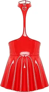 [Vxuxlje] Women's Sexy Patent Leather Cut Out Mini Dress Halter Neck Backless Ruffled Micro Dress