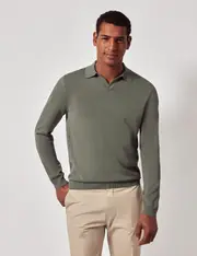 Hawes & Curtis Dark Sage Open Collar Knitted Cotton Polo Shirt | Long Sleeve Size: XL