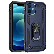 For Apple iPhone 12 Case, Military Grade 360 Degree Rotating Metal Magnetic Ring Car Mount Holder Kickstand Shockproof Heavy Duty Cover (Navy Blue)