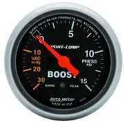 Autometer Sport-Comp Boost/Vacuum Gauge Electric With Peak - 30 inHg/15 PSI, 2 1/16 Inch, Full Sweep, AU3376