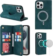 GoshukunTech Case for iPhone 13 Pro Case Wallet Leather[Support Magsafe Charging][Card Holders] with Stand Feature Protective Shockproof Folio Flip Cover for iPhone 13 Pro(6.1")-Green