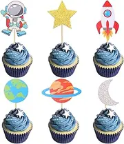 36 Pack Space Astronaut Cupcake Toppers Planet Rocket Spaceship Trip to the Moon Star Cupcake Food Picks Universe Outer Space Theme Baby Shower Kids Birthday Party Cake Decorations Supplies