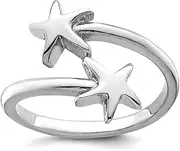 [JewelryWeb] 925 Sterling Silver Rhodium Plated Polished Sea shell Nautical Starfish Double Adjustable Ring 1.8mm Thick Band Style-Ring for Women