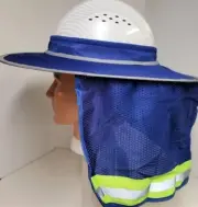 Blue Hard Hat Sun Shade Visor Full Brim Mesh Neck REFLECTIVE STRIPE (NEW DESIGN)
