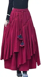 [Kinghua] Womens Retro Cotton Linen Long Skirt Casual Elastic Waist Pleated Asymmetrical A Line Flare Maxi Skirt