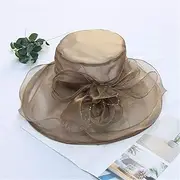 [KTLSHY] Foldable Brim Summer UV Hat Women's Sun Hats Floral Organza Cap Wide Brim Church Classic Sun Hat Beach Sun Straw Hat Fascinator Lady Tea Party Sun Hats,10 Colors (Color : Khaki)