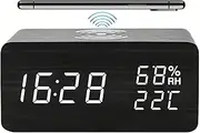 Lancoon Wooden Digital Alarm Clock with LED Wireless Charging Temperature and Humidity Display Adjustable Brightness Sound Control for Bedroom Home Office (Black)