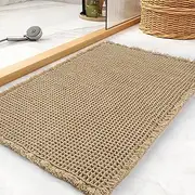 Upgraded Waffle Bath Mat 18" x 30", Super Absorbent Washable Non Slip Bath Rug Mats for Bathroom Floor, Extra Soft Anti Slip Bath Room Mat with Tassels for Tub, Sink, Toilet, Quick Dry, Brown