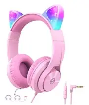 Cat Ear Led Light Up Kids Headphones with Microphone, HS20 Wired Medium Pink