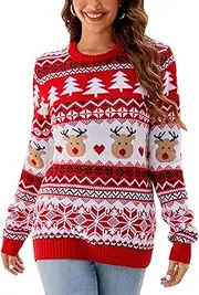 [Cryfokt] Christmas Jumper, Women Christmas Pullover Sweater Round Neck Long Sleeve Color Snowflakes Knitted Xmas Long Sweater Top for Home Party Casual Wear (A1051)