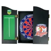 49661 SYDNEY ROOSTERS NRL TEAM DART BOARD IN TIMBER CABINET W/SCORING BOARD