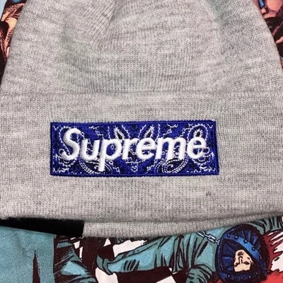 Supreme New Era Blue Heather Grey Bandana Box Logo Beanie FW19 Bogo Hat Brand