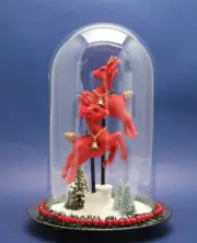 Vintage Flocked Red Reindeer Under Glass Dome Cloche Arrangement Decor