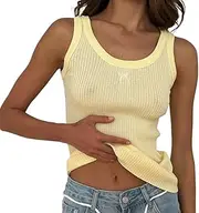 [Best Rose] Tank Top Ribbed Bow Round Neck Sleeveless Slim Fit Elegant Stretchy Summer Trendy Sexy Streetwear Top