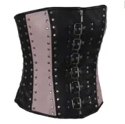 Women's Studded Black & Pink Leather Corset Front Zip Lace up Back Textile Lined