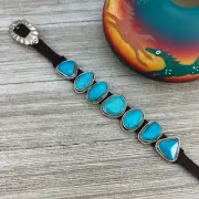 Real Turquoise leather Sterling silver bracelet #2, adjustable Navajo Marlene R