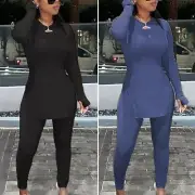 2 Piece Women's Long Sleeve Thumb Hole Split Hem Top & Pencil Pants Set